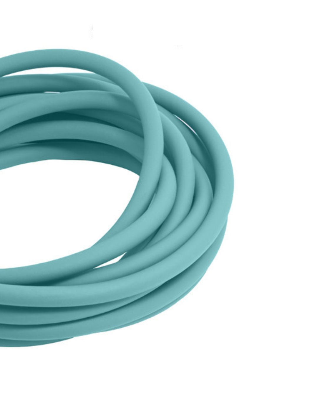 A bundle of teal-colored rubber tubing coiled together.