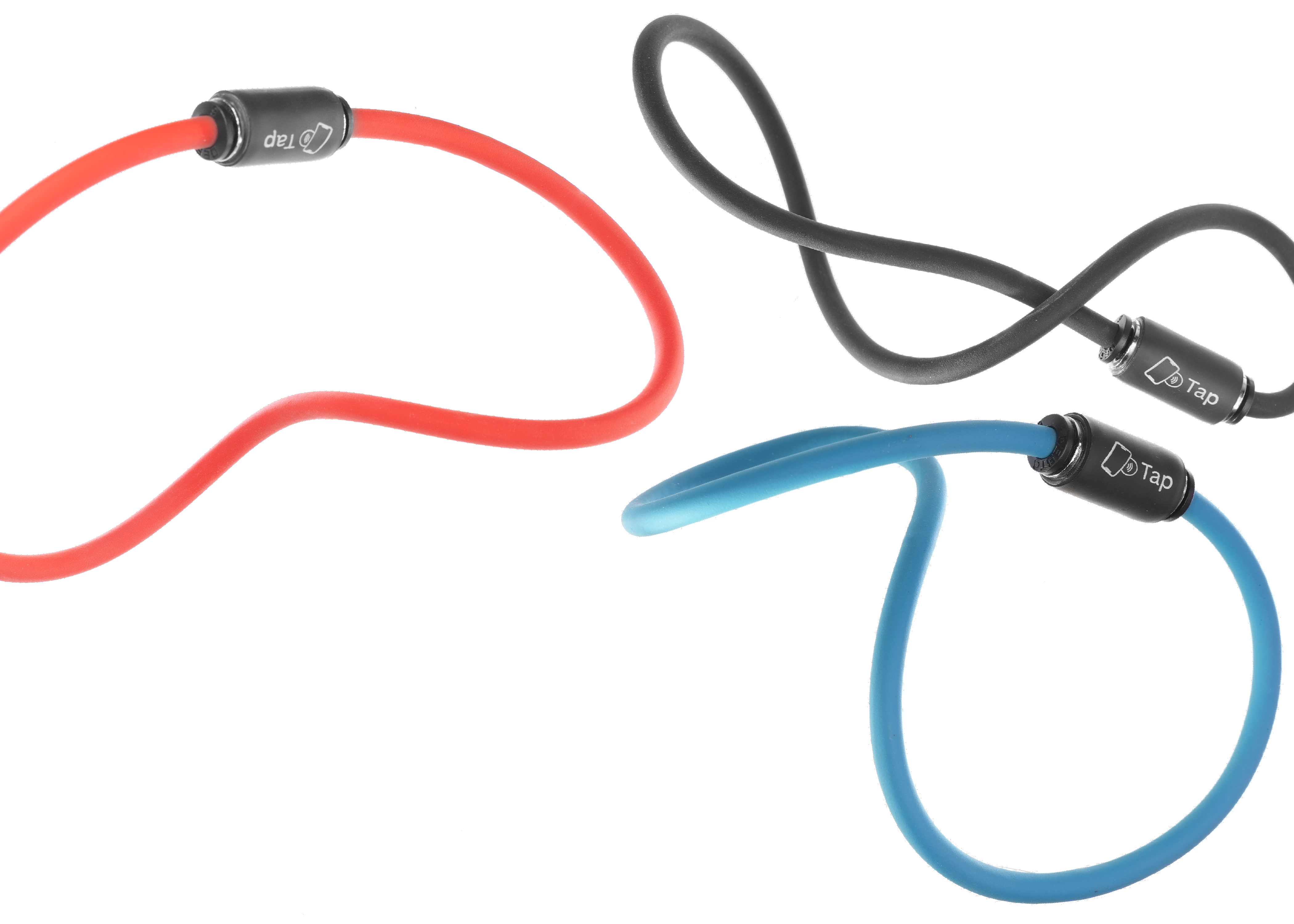 Three flexible earbuds in red, blue, and black colors with adjustable connectors.